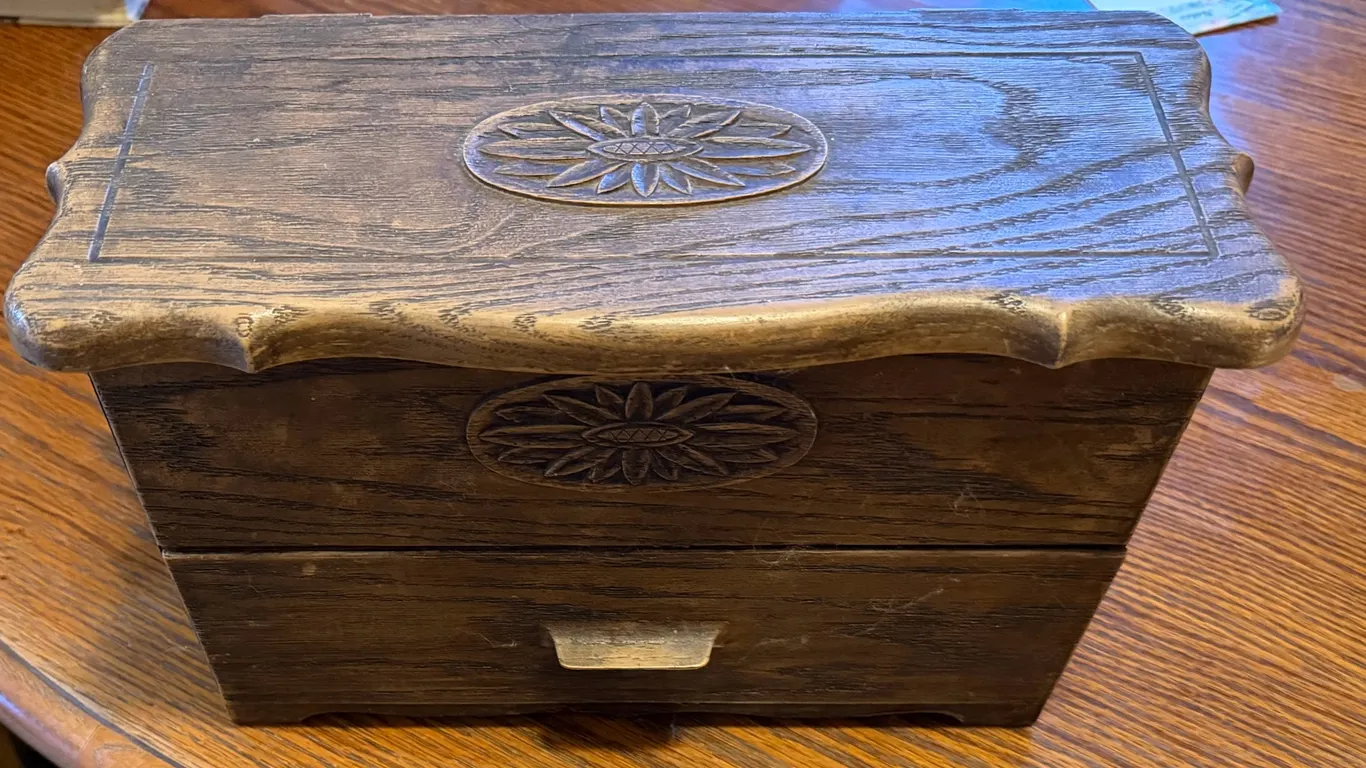 Wooden Faux Recipe Box with Handwritten Recipes