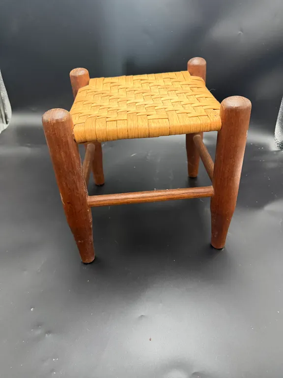 Wooden Footstool with Woven Seat