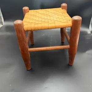 Wooden Footstool with Woven Seat