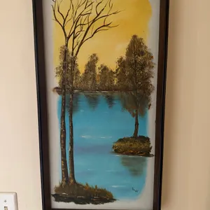 Framed Landscape Painting with Blue Water