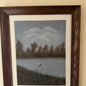 Framed Lakeside Landscape Painting