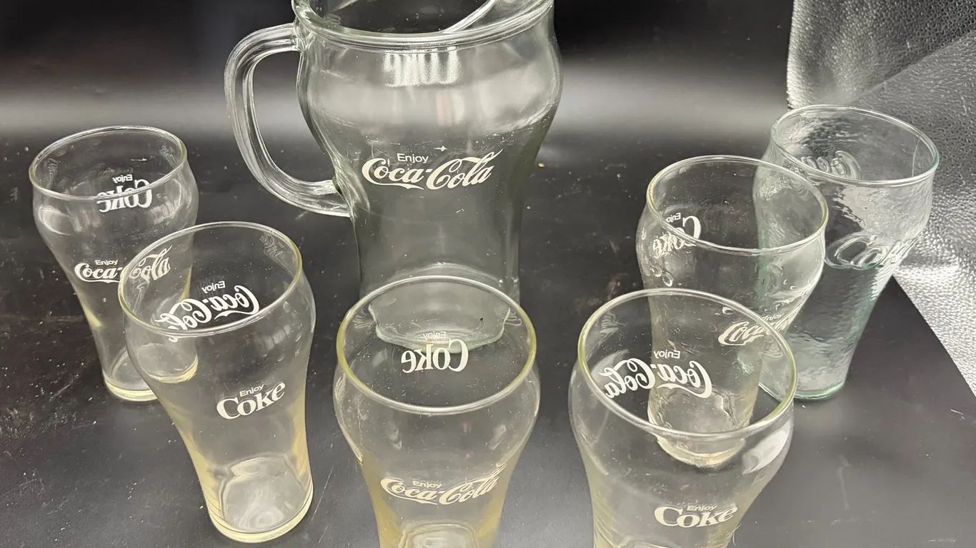 Coca-Cola Glass Pitcher & Six Drinking Glasses