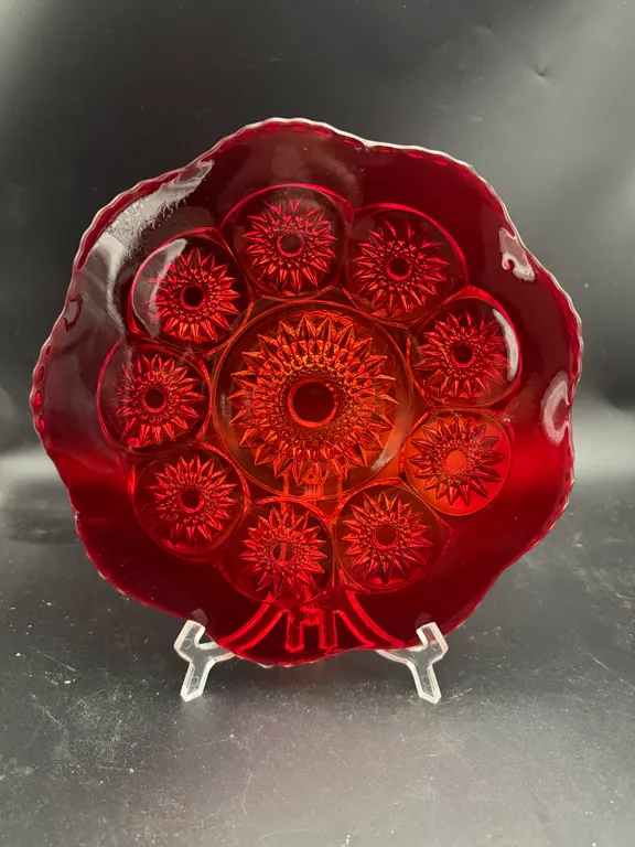 Rare Red Depression Glass Plate, Scalloped Edge Starburst Design