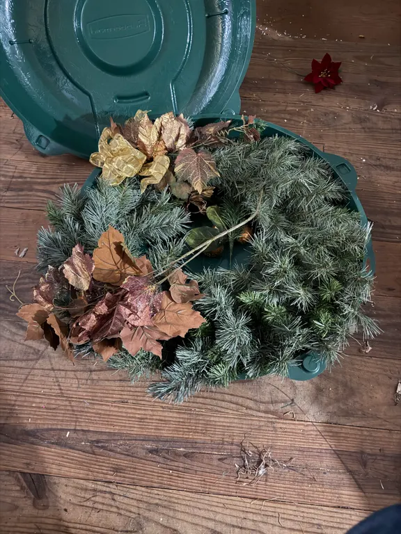 Artificial Wreath & Rubbermaid Storage Case