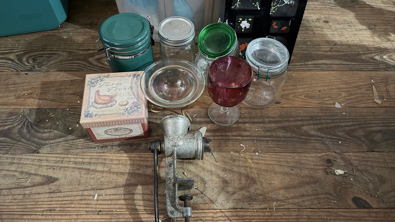 Vintage Meat Grinder, Storage Jars & Décor Lot