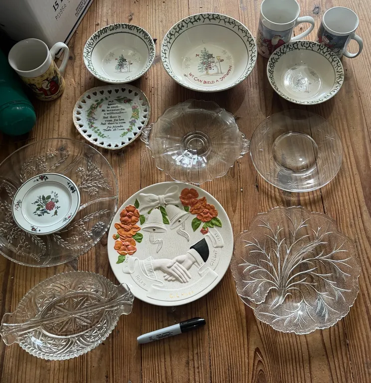 Glass Serving Dishes, Holiday Bowls & Mugs Lot