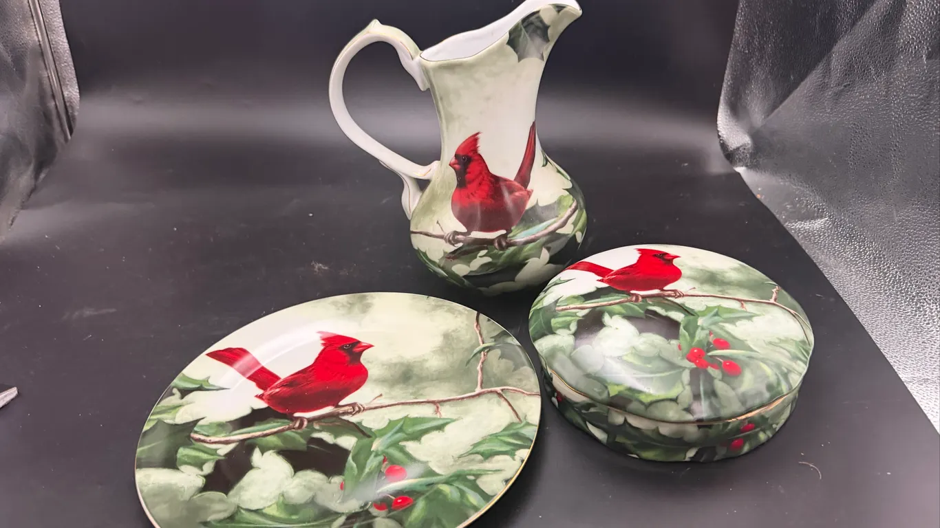 Cardinal & Holly Pitcher, Plate & Covered Box