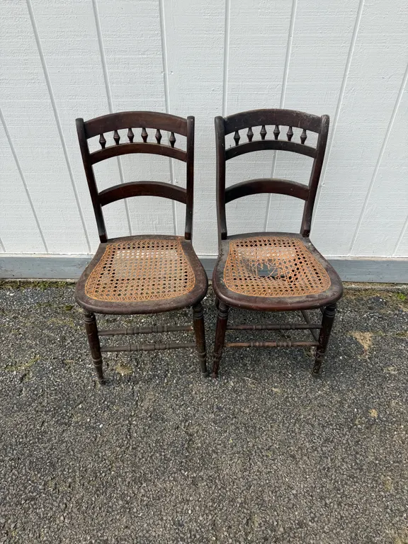 Vintage Wooden Cane Seat Chair Pair