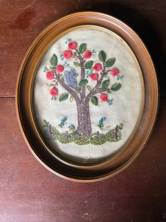 Oval Framed Tree & Squirrel Embroidery