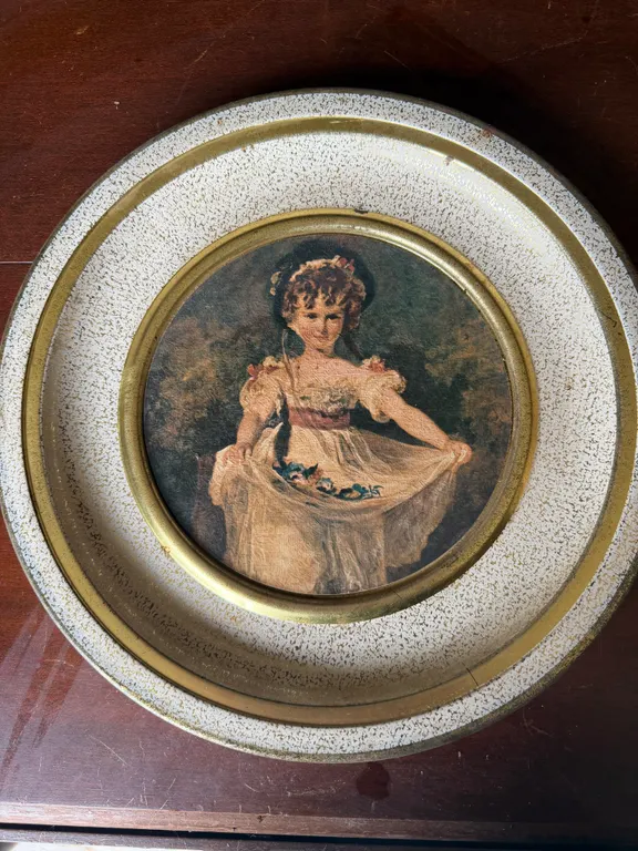 Round Framed Girl with Kittens Print