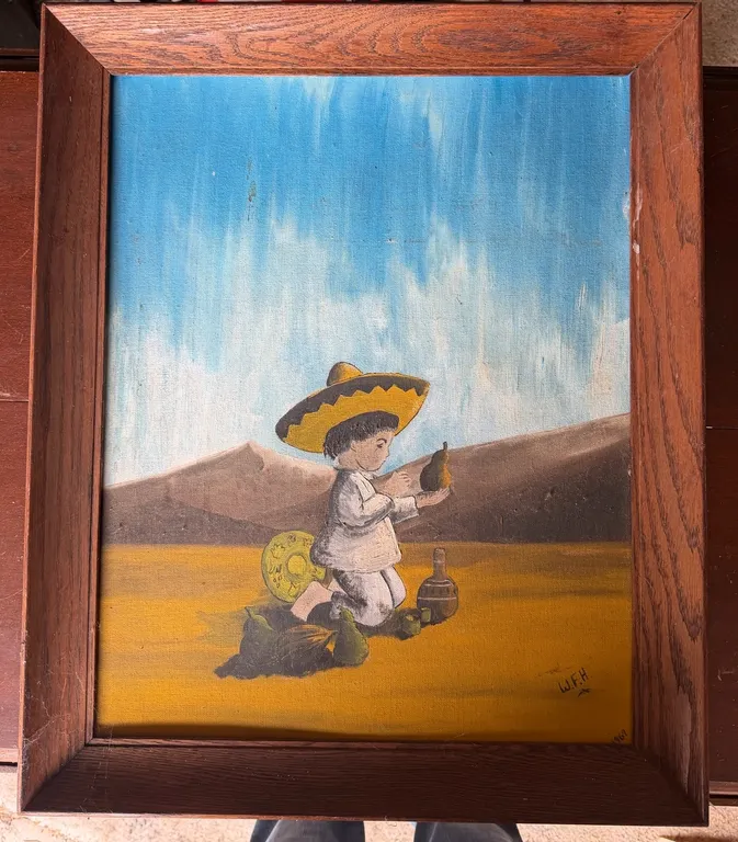 Framed Sombrero Child Painting Signed W.F.H.