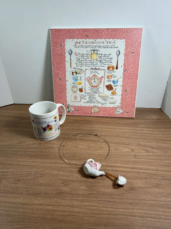Abbey Press Mug, Plak-it Afternoon Tea Plaque, Tea Necklace