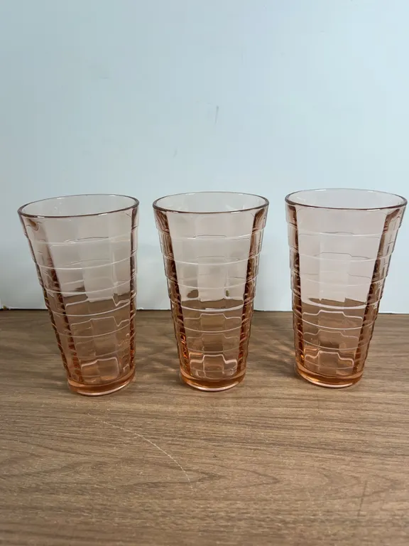 3 Pink Depression Glass Tumblers with Block Pattern