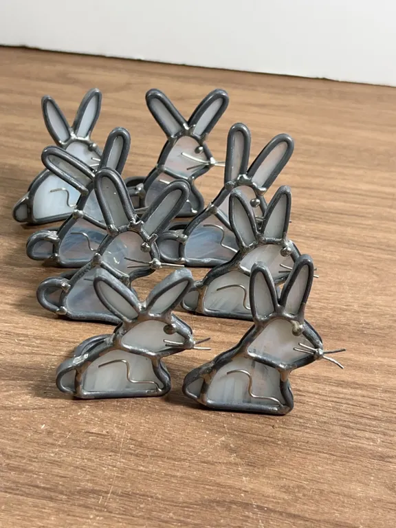 8 Stained Glass Bunny Napkin Rings Gray White