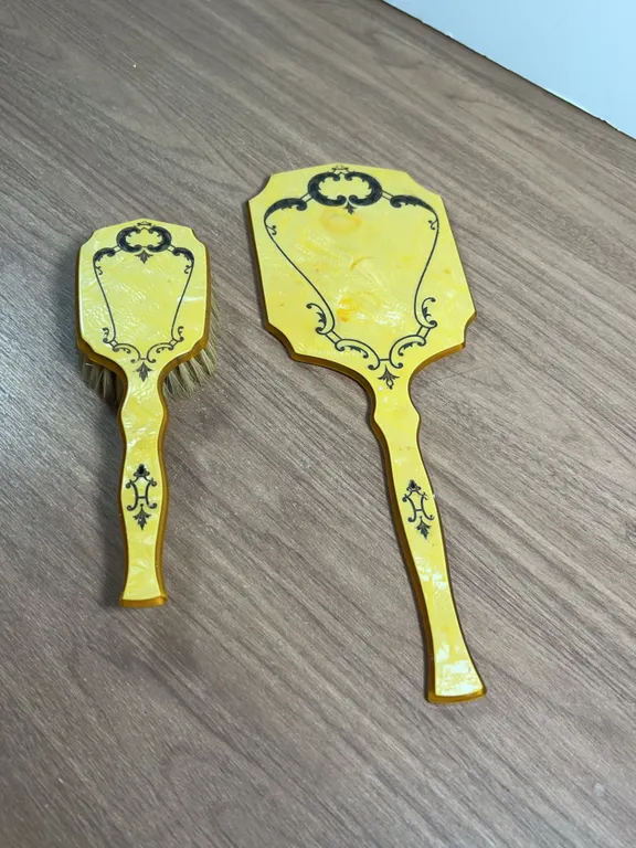 Yellow Plastic Hand Mirror and Brush Vanity Set