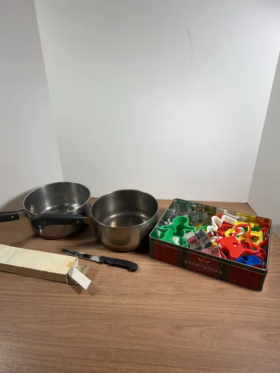 Stainless Steel Saucepans, Cookie Cutters, and Knife Set