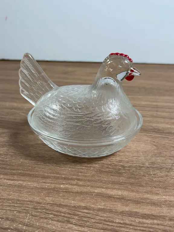Clear Pressed Glass Hen Covered Dish with Red Details