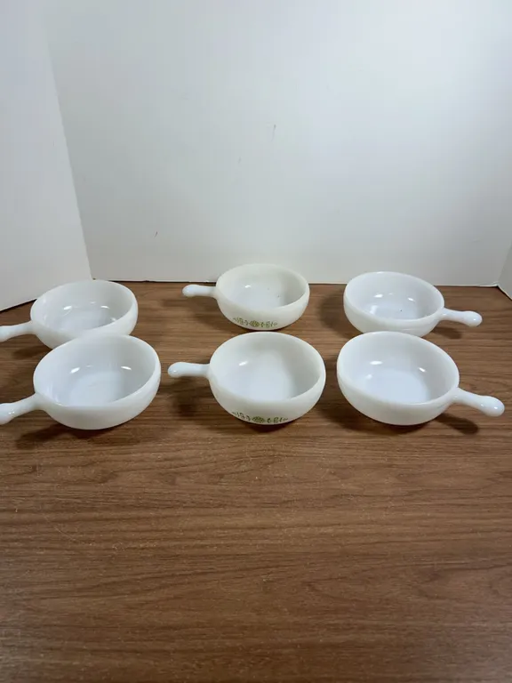 6 White Glass Soup Bowls with Handles Floral Detail