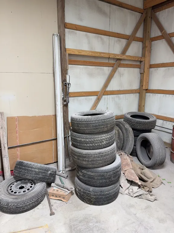 Lot of tires different sizes and brands