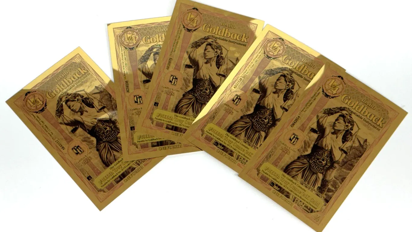 (5) Idaho Goldback 1/4 Notes 24K Gold 2026