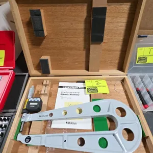 Mitutoyo M3-7116 Digimatic deep throat micrometer. Features digital LCD display, inch/metric conversion, 0-1" measuring range, and 0.001mm / 0.00005" 
