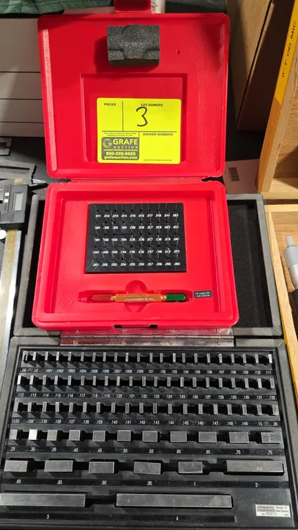 Starrett precision steel pin gage set and Shars gage block set. Includes Starrett .011" to .060" pin gage set with double-ended pin gage handle in fit
