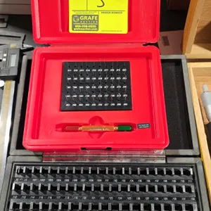 Starrett precision steel pin gage set and Shars gage block set. Includes Starrett .011" to .060" pin gage set with double-ended pin gage handle in fit