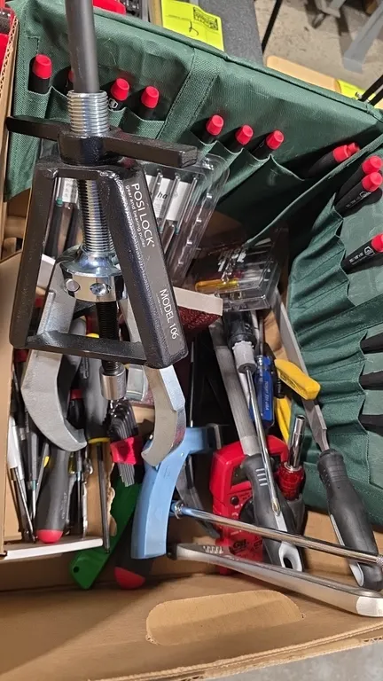 Assorted hand tools lot. Includes Posi Lock Model 106 gear and bearing puller, Wiha 26590 8-piece precision nut driver set, adjustable wrench, digital