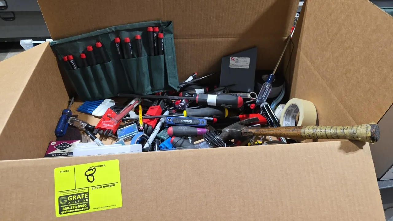 Assorted hand tools and accessories. Includes a claw hammer, precision screwdriver set in roll-up pouch, various screwdrivers, nut drivers, Torx drive