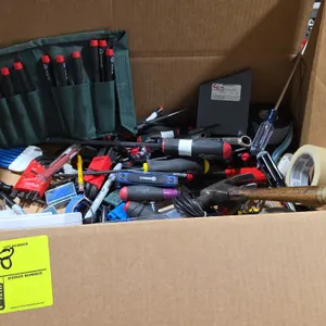 Assorted hand tools and accessories. Includes a claw hammer, precision screwdriver set in roll-up pouch, various screwdrivers, nut drivers, Torx drive