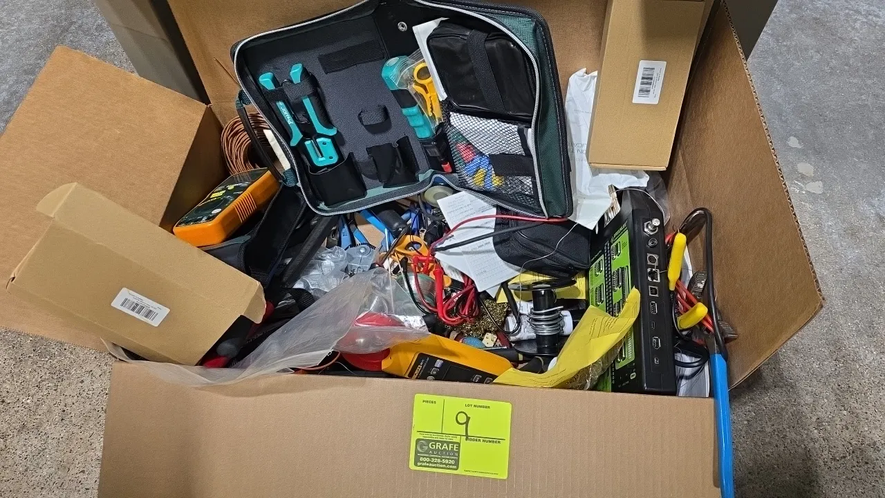 Assorted electrical testing equipment and hand tools lot. Includes Fluke 368 FC AC leakage current clamp meter, Extech 420 digital multimeter, Greenle