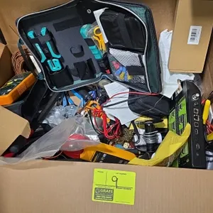 Assorted electrical testing equipment and hand tools lot. Includes Fluke 368 FC AC leakage current clamp meter, Extech 420 digital multimeter, Greenle
