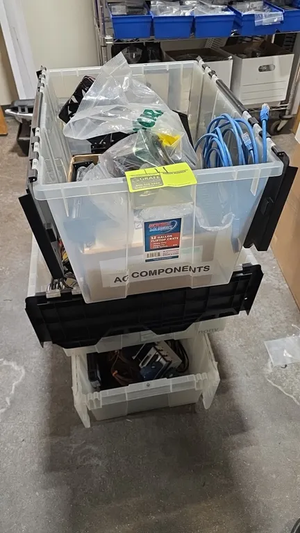 Assorted electrical and electronic components with (3) flip-top poly totes. Includes cooling fans, tangential blower, National Instruments modules, Ci