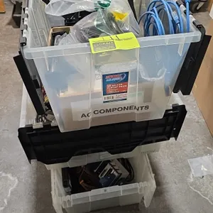 Assorted electrical and electronic components with (3) flip-top poly totes. Includes cooling fans, tangential blower, National Instruments modules, Ci