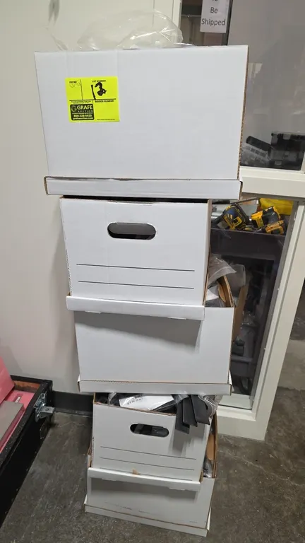 Assorted thermoplastic production parts. Includes (5) boxes of assorted components individually bagged with work tickets and documentation. Manufactur