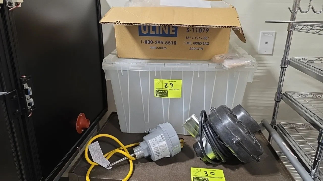 Assorted industrial package lot. Includes a clear plastic tote with lid, a carton of Uline S-11079 16" x 12" x 30" 3-mil gusseted poly bags, a Proximi