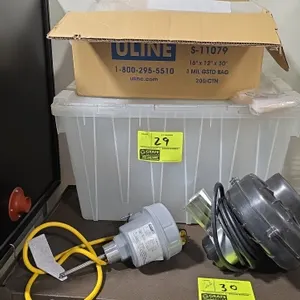 Assorted industrial package lot. Includes a clear plastic tote with lid, a carton of Uline S-11079 16" x 12" x 30" 3-mil gusseted poly bags, a Proximi