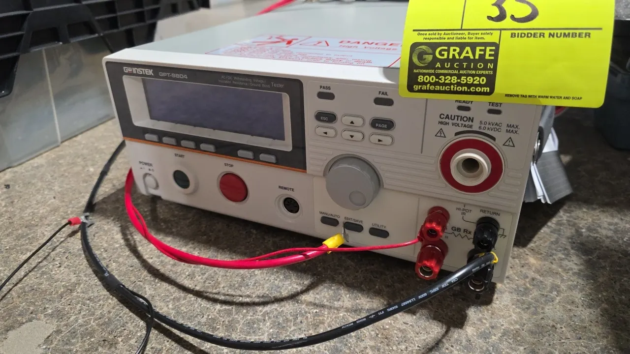 GW Instek GPT-9804 electrical safety tester. Features AC/DC withstanding voltage, insulation resistance, and ground bond testing capabilities, front L