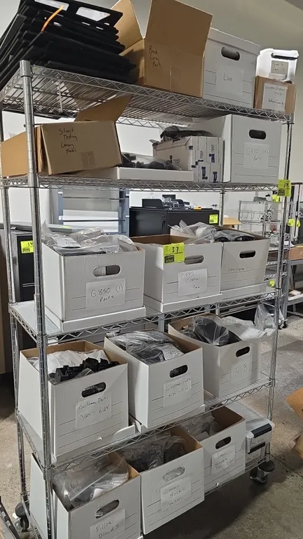 Assorted thermoplastic production parts lot. Includes (16+) boxes containing various additive manufacturing and thermoplastic components, including st