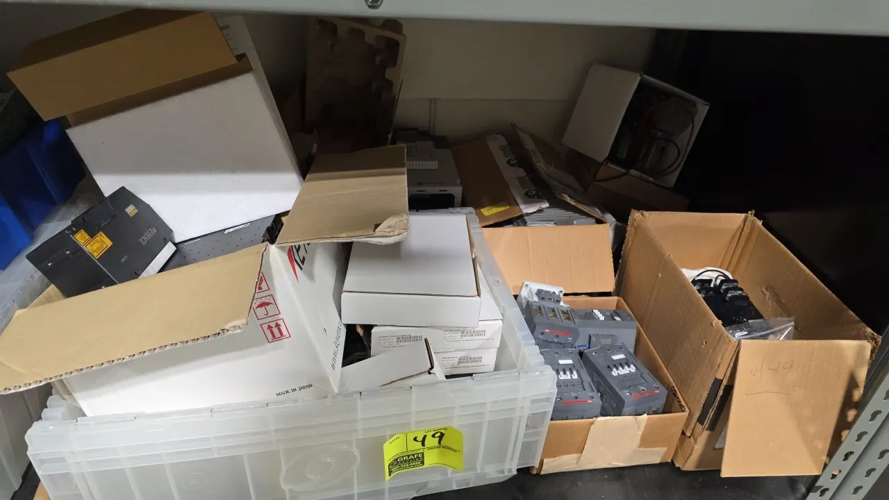 Assorted industrial electrical and automation components. Includes ABB AF50 3-pole contactors, Keyence LJ-V7001 controller with LJ-V7300 sensor head,