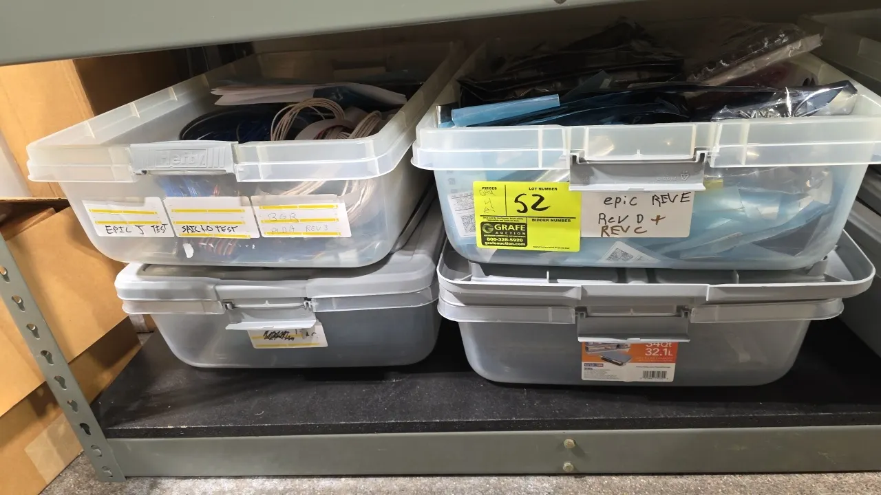 Hefty poly storage totes with contents. Features clear plastic construction with gray latching lids. Includes 34-quart capacity totes containing assor
