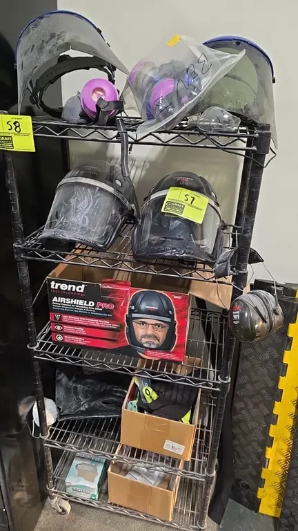 Personal protective equipment assortment. Includes (2) Trend Airshield Pro battery-powered air circulating face shields with retail box, half-mask res