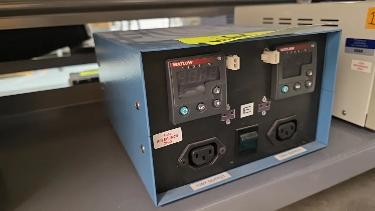 Watlow Series 96 dual-channel temperature controller. Features dual digital process controllers in a benchtop enclosure, thermocouple input jacks, roc