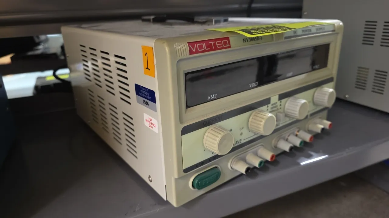 Volteq HY3005D-3 DC power supply. Features dual digital displays for voltage and current, master and slave controls with independent, series, and para