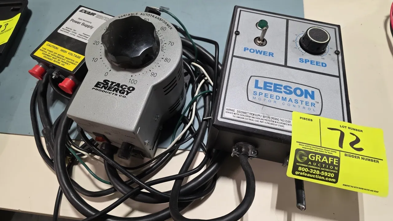 Electrical control lot. Includes Leeson Speedmaster 174307.00 F14 motor control (115/230V), Staco Energy Products 3PN1210B variable autotransformer (1