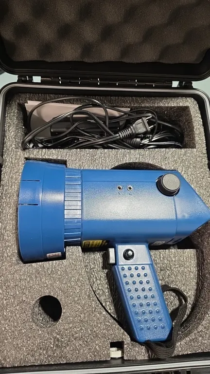 2015 Monarch Instrument Nova-Strobe PBL handheld LED stroboscope kit. Features digital LCD display, push-button keypad controls, 12-LED array, and wri