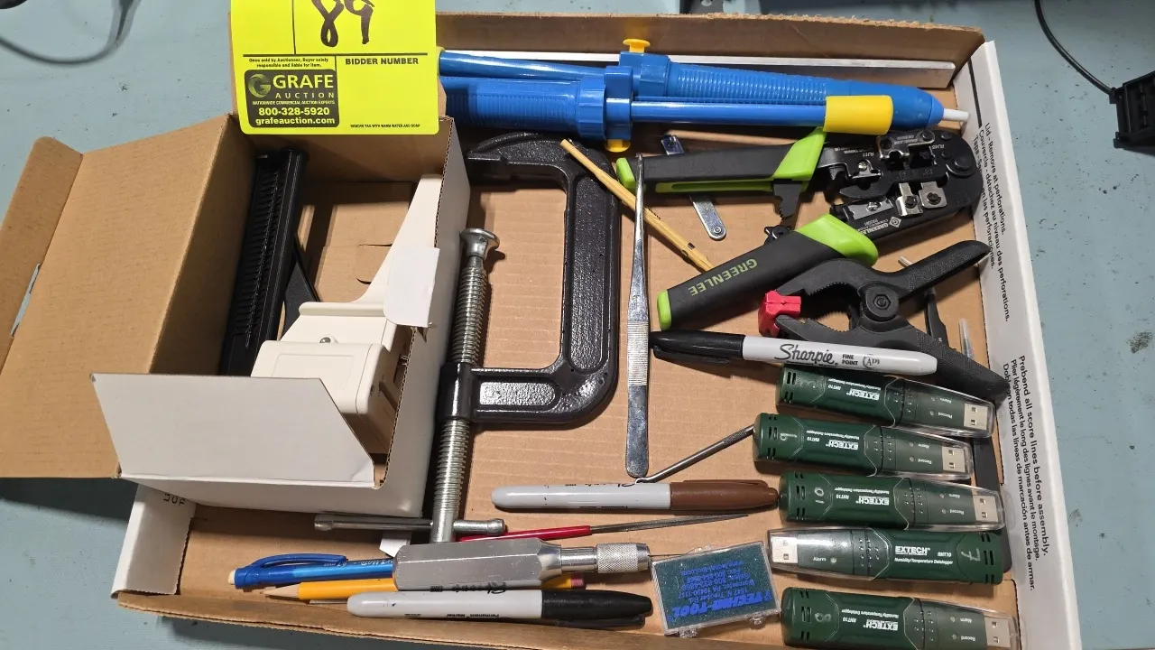 Assorted tools and equipment. Includes Greenlee PA1561 crimper tool, (5) Extech RHT10 USB humidity and temperature dataloggers, desoldering pumps, C-c