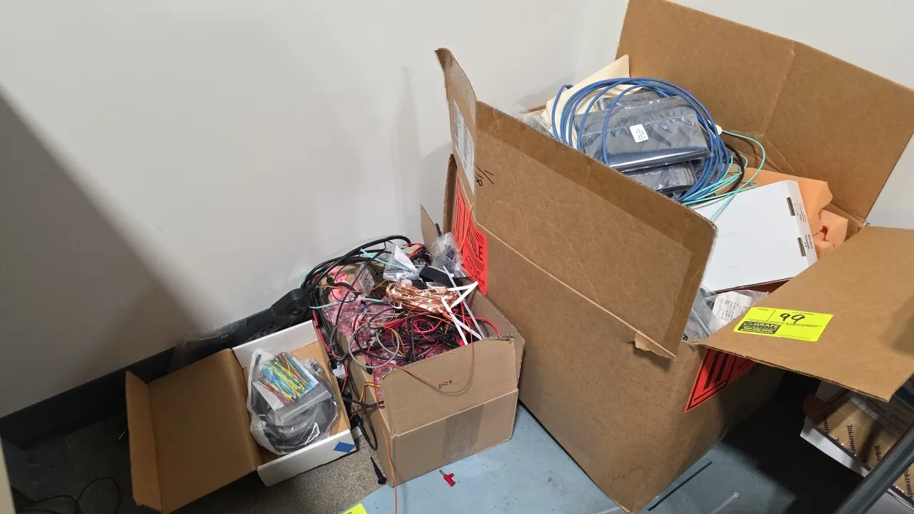 Assorted cables and electronic components. Lot includes (3) boxes containing various wiring, network cables, test leads, multi-colored zip ties, coppe