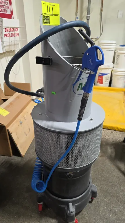 MiJET 14-8FL-545 8" angled top parts blow-off and mist collection station. Features removable wire mesh parts basket, integrated blow-off air gun with