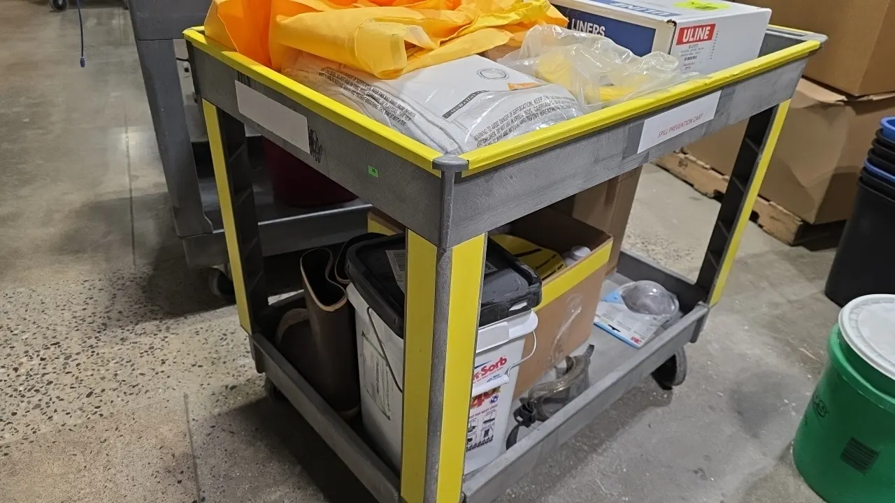 Poly 2-tier utility cart. 36"L x 24"W. Mounted on casters. Includes assorted spill response supplies, Uline trash liners, rubber boots, and Oil-Dri Qu